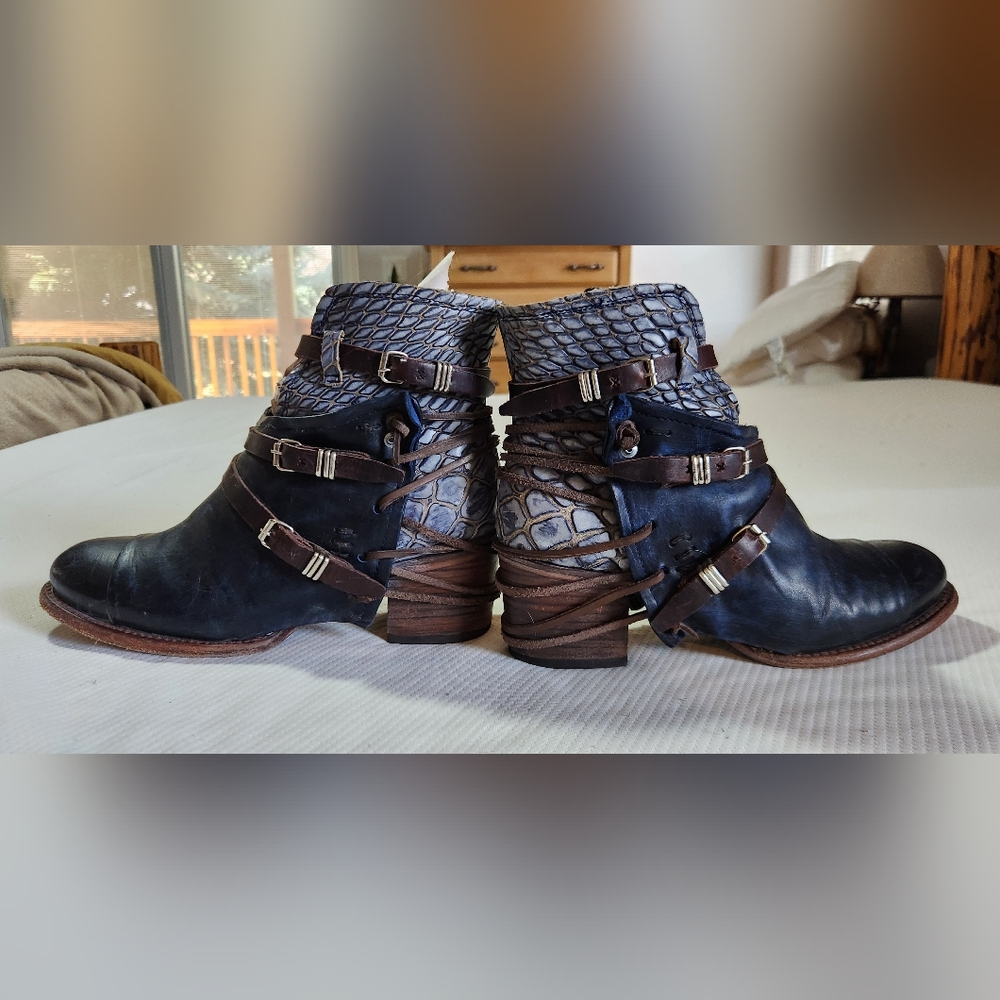 Freebird by Steven Navy & Brown Embossed Leather Ankle Booties - Picture 8 of 9